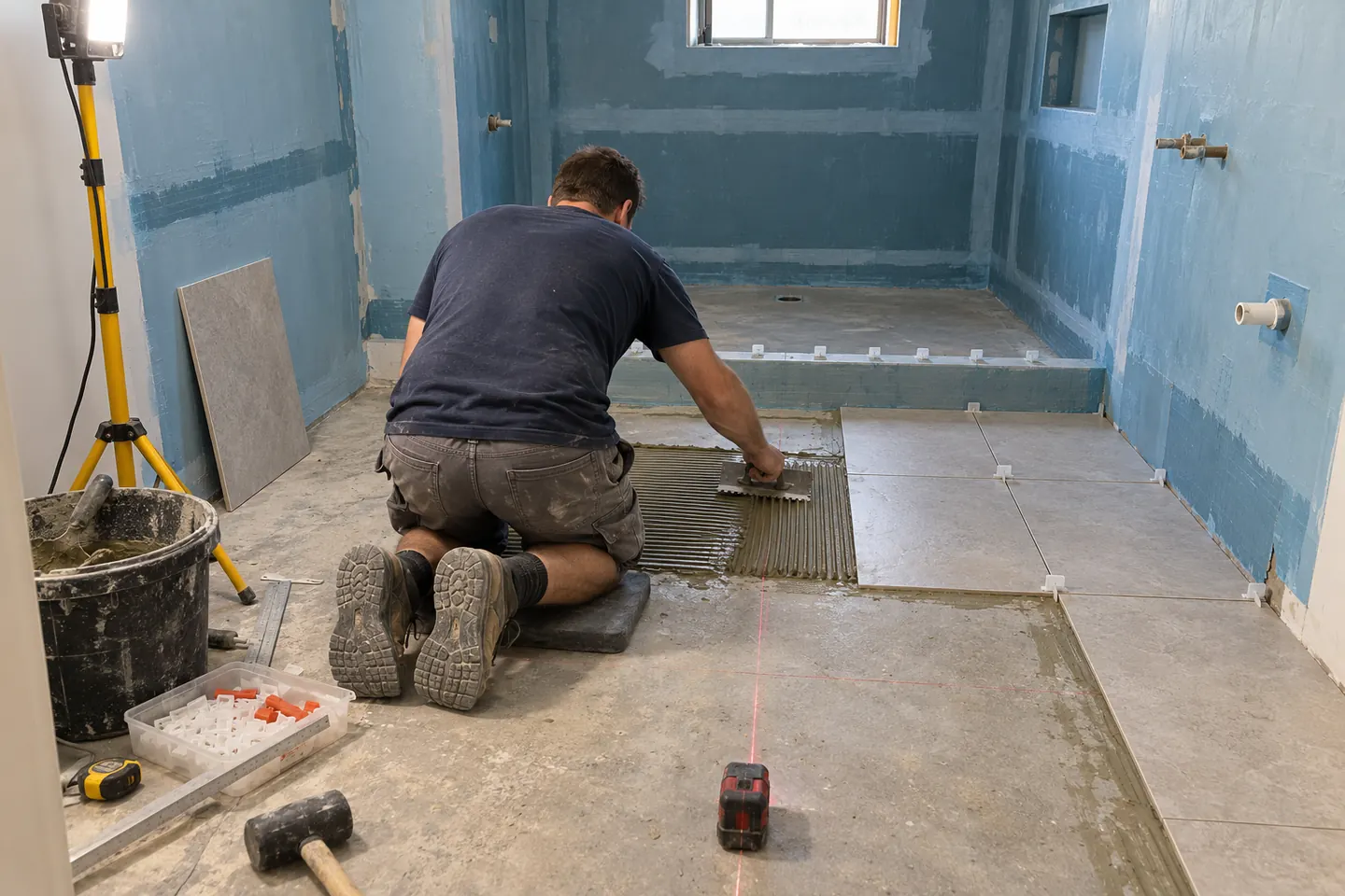 Bathroom wall and floor tiling in progress in a Warilla home