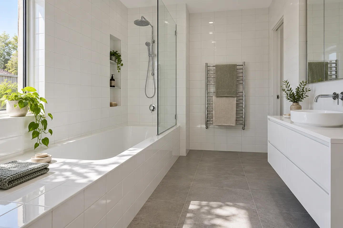 Family bathroom with a bath and a separate shower in a Flinders project home