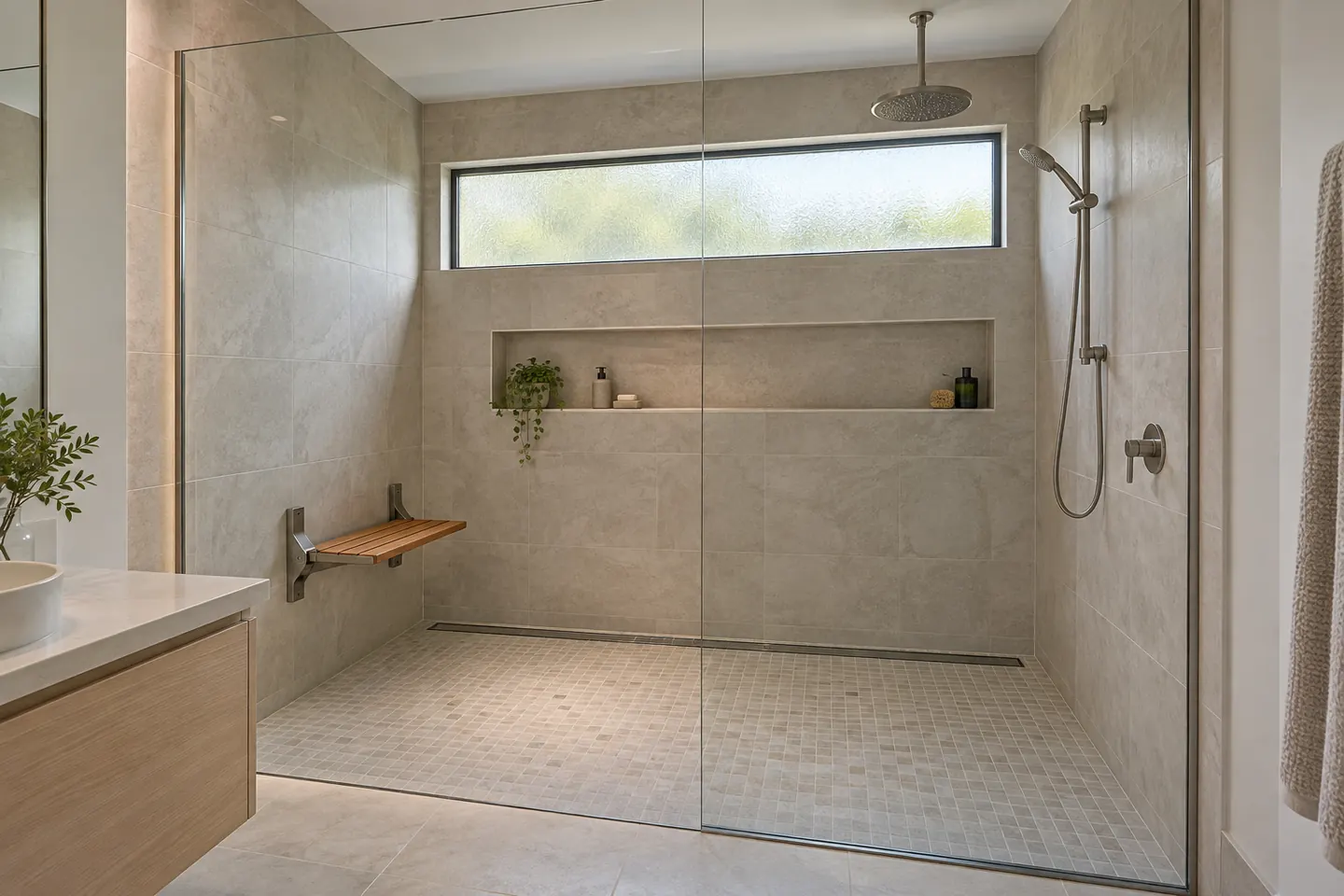 Level-entry walk-in shower with a fixed glass panel in an Albion Park home